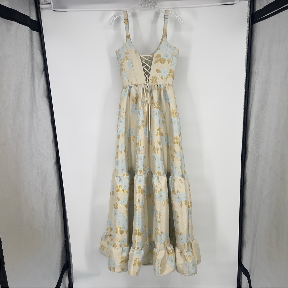 V. Chapman Avery Tiered A-Line Corset Formal Gown Dress in Sky Windsor Brocade 4 - Picture 7 of 11